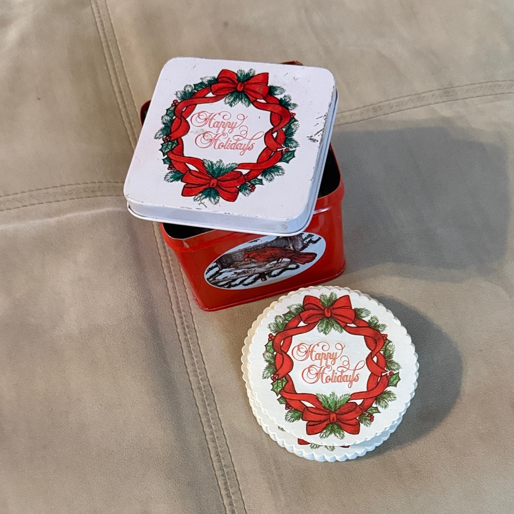 Vintage “Happy Holidays” Coasters in Festive Red and White Holiday Tin with Lid